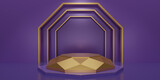Gold hexagon cube, Golden diamond pedestal podium in the  purple room. Concept scene purple stage showcase, product, promotion sale, banner, presentation, cosmetic. 3D rendering.