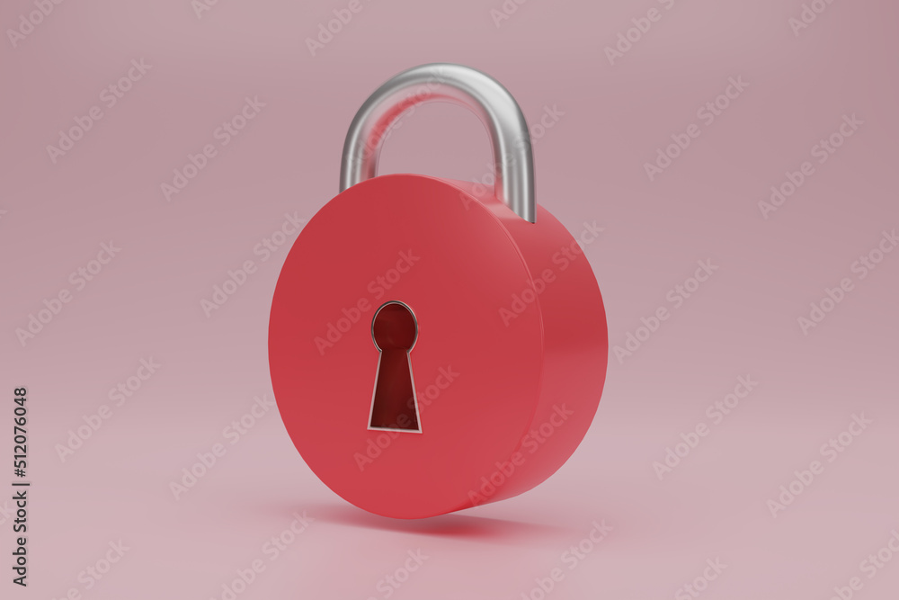 3D render pink metal Padlock icon isolated on light pink background. minimal pink lock. 3d render illustration. 3D render pink metal Padlock icon isolated on light pink background. minimal pink lock. 3d render illustration.