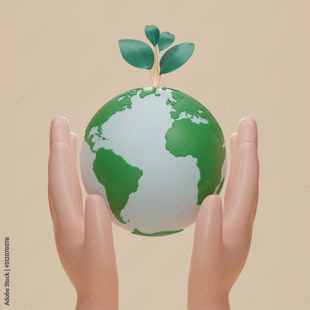 Two Hands hold planet earth and plant icon. Earth day symbol. Globe with sapling, Eco Save the world, Clean environment, Sustainability or environmental protection concept. 3d rendering illustration. Two Hands hold planet earth and plant icon. Earth day symbol. Globe with sapling, Eco Save the world, Clean environment, Sustainability or environmental protection concept. 3d rendering illustration.