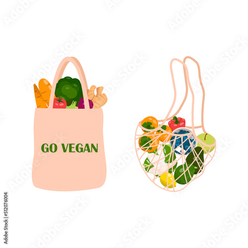 Reusable grocery eco bag with vegetables isolated on white background. Zero Waste (Say no to plastic) and nutrition concept. Vector. Go vegan