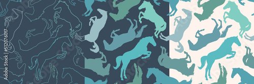 Tableau sur toile Set of seamless patterns with different jumping horse silhouettes on dark blue background