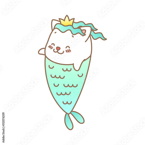 Cute mermaid cat. Cartoon illustration of a little kitten with mermaid tail isolated on a white background. Vector 10 EPS. photo