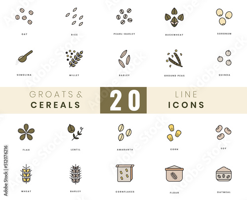 Grains and cereals icons. In colored outline style. For wesite design, mobile app, software