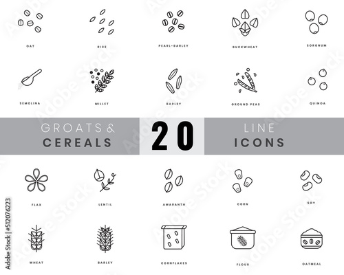 Grains and cereals icons. In lineart, outline style. For wesite design, mobile app, software