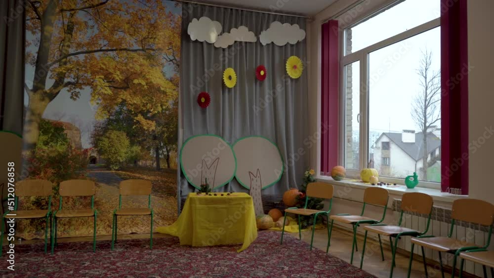 decorated room for the autumn holiday in the kindergarten,empty kindergarten on autumn holiday in Ukraine decorated room for the autumn holiday in the kindergarten,empty kindergarten on autumn holiday in Ukraine