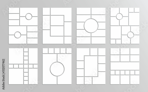 Moodboard grid examples. Photo collage templates set. Mosaic pictures frames. Mood board layout collection. Album brandboard. Gallery banner. Portfolio images. Vector illustration