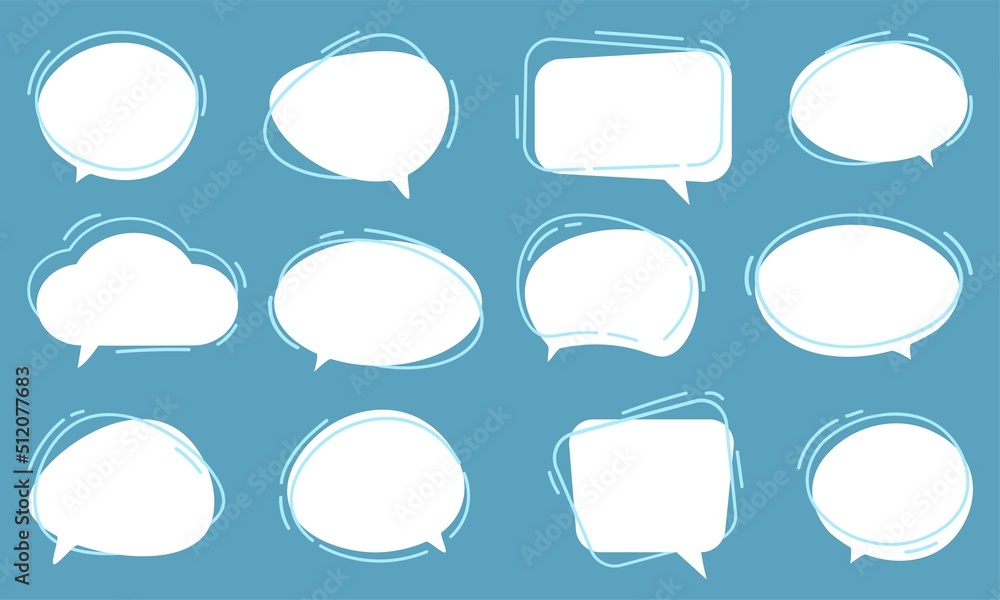 Vector Set of speech bubbles. Dialog box icon, message template. White clouds for text, lettering. Different shape of empty balloons for talk on blue background. Flat vector illustration Vector Set of speech bubbles. Dialog box icon, message template. White clouds for text, lettering. Different shape of empty balloons for talk on blue background. Flat vector illustration