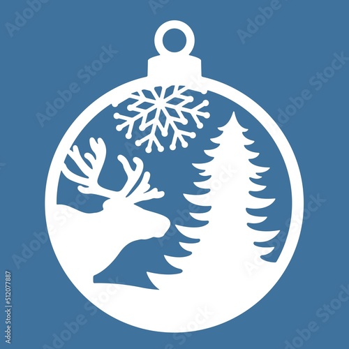 Christmas ball with spruce and deer cut out of paper. Template for Christmas cards. The image is suitable for laser cutting or printing. Festive background, vector illustration.