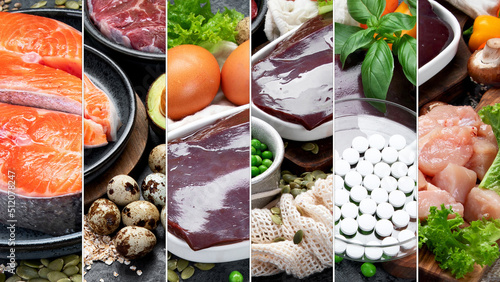 Colllage of food high in vitamin B5. photo