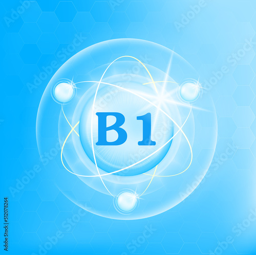 Vitamin B1 icon structure light blue substance. Drug business concept. Medicine health symbol of thiamine. 3D Vector Illustration. Vitamin complex with chemical formula. Personal care, beauty concept