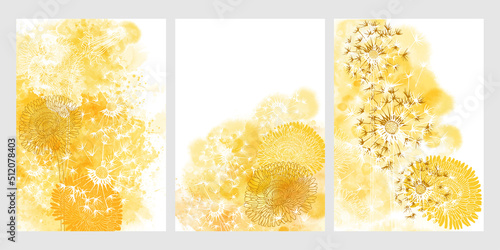 Pre-made design with with dandelion flowers, yellow watercolor splash and place for text. Vector layout decorative greeting card or invitation design background, wallpaper design. 