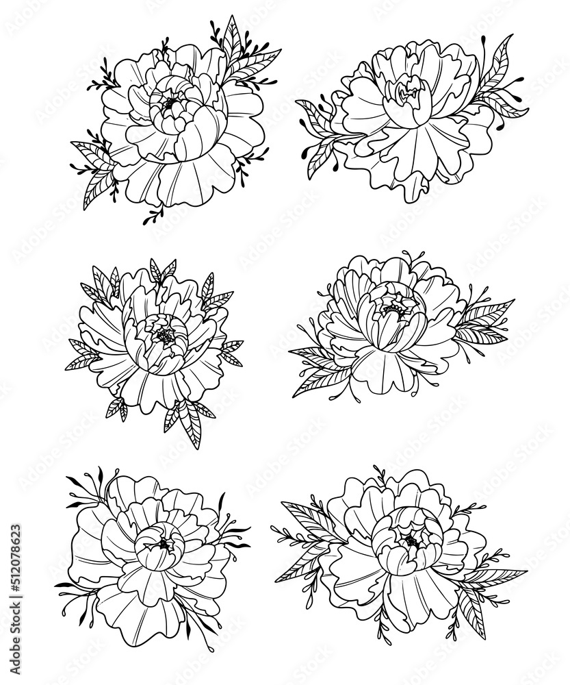 collection graphic illustration chinese peony for tattoo and print
