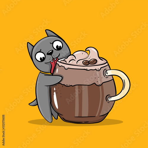 cartoon children illustration pug dog licking a cup of coffee