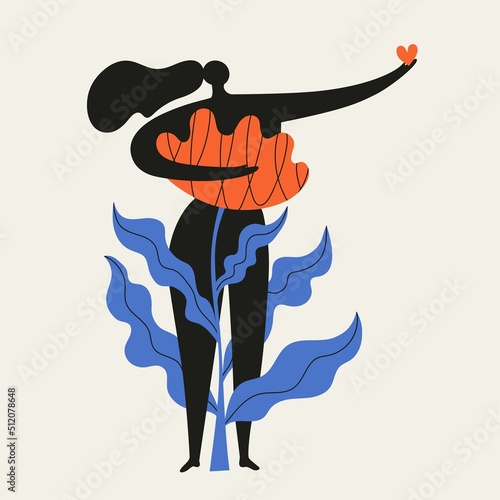 Vector illustration with cartoon black woman silhouette with flower and red heart. Abstract trendy print design, home decoration poster