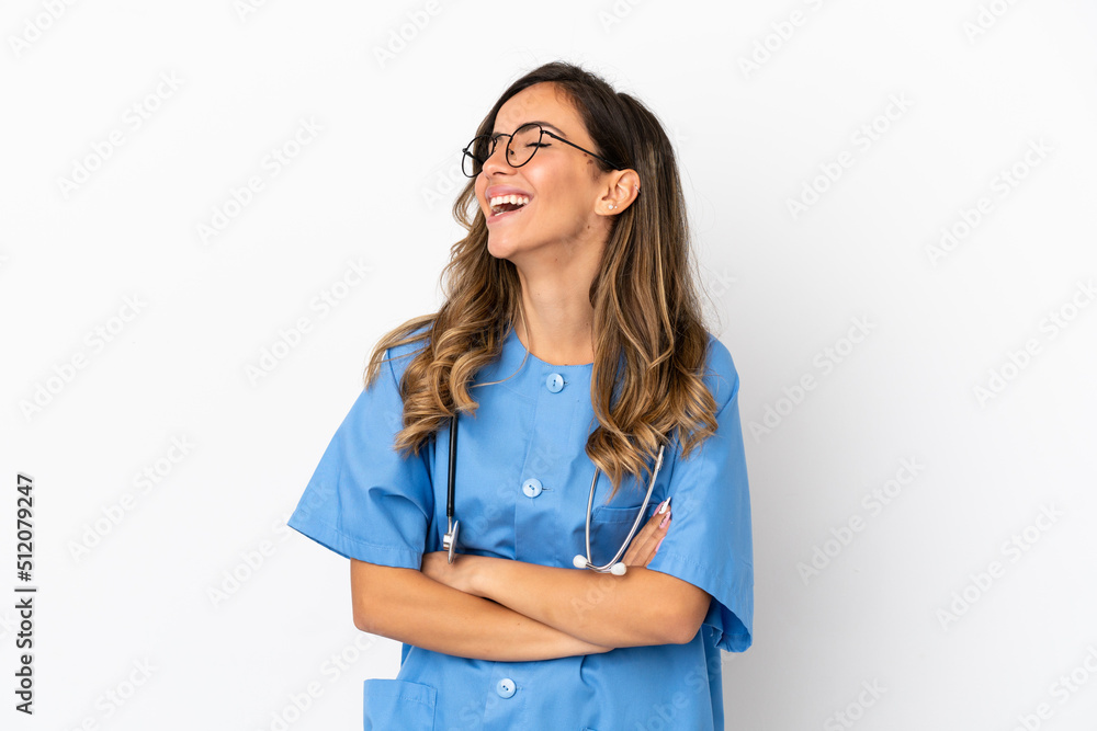Young surgeon doctor woman over isolated white wall happy and smiling Young surgeon doctor woman over isolated white wall happy and smiling