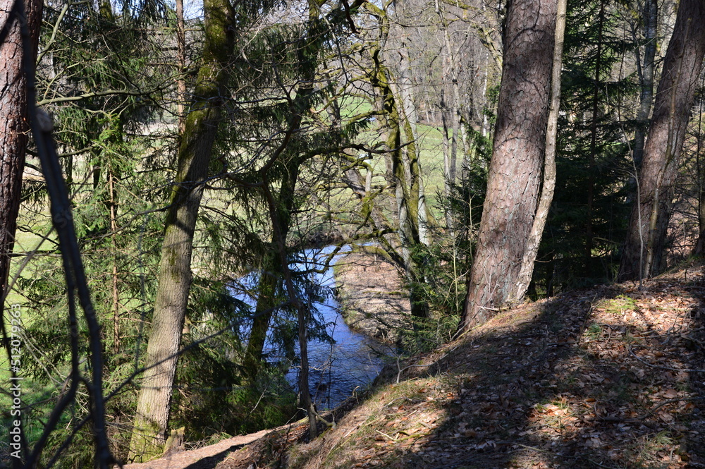 Landschaft im Frühling am Fluss Warnau im Dorf Borg, Niedersachsen Landschaft im Frühling am Fluss Warnau im Dorf Borg, Niedersachsen