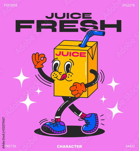Cartoon character juice. Drink in retro style, funny bright doodle style character in a cardboard package with a straw.Vector illustration with typography elements
