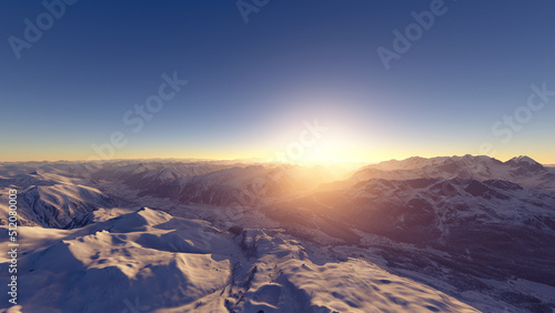 Sunshine on snow covered mountains. Sunny mountains landascape