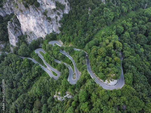 Aerial view of curvy mountain road. 