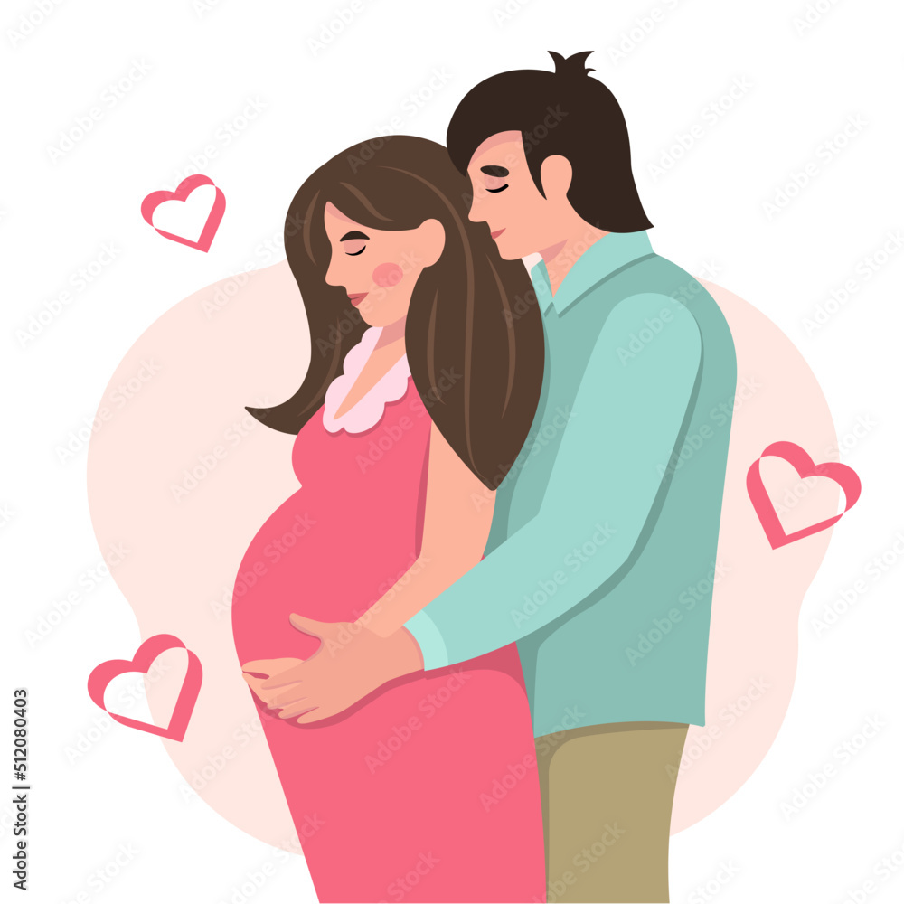 Happy family concept. A young couple is expecting a baby. Happy relationship. Pregnancy and motherhood. Vector illustration in a flat style. Cartoon character. Pregnant girl holding her stomach. Pregn