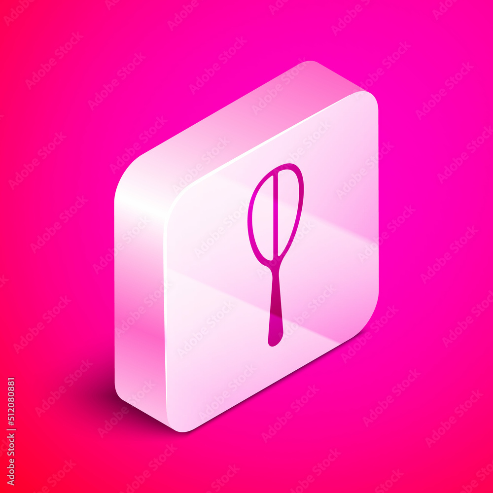 Isometric Kitchen whisk icon isolated on pink background. Cooking utensil, egg beater. Cutlery sign. Food mix symbol. Silver square button. Vector