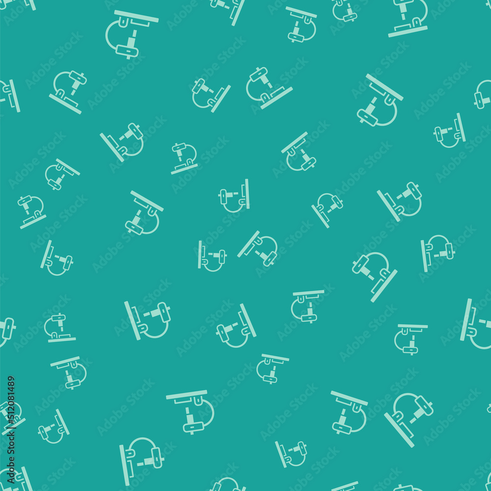 Green Microscope icon isolated seamless pattern on green background. Chemistry, pharmaceutical instrument, microbiology magnifying tool. Vector