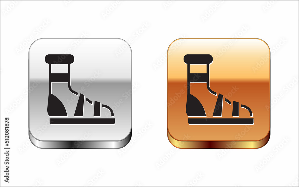 Black Slippers with socks icon isolated on white background. Beach slippers sign. Flip flops. Silver-gold square button. Vector Black Slippers with socks icon isolated on white background. Beach slippers sign. Flip flops. Silver-gold square button. Vector