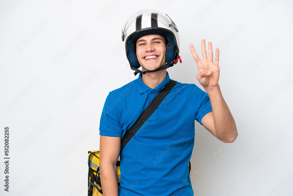 Young caucasian man with thermal backpack isolated on white background happy and counting four with fingers Young caucasian man with thermal backpack isolated on white background happy and counting four with fingers