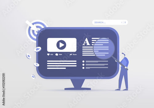Interactive marketing concept. Trigger-based or event-driven marketing illustration. The drawn character explores the blog or the company's website to contact it directly. Content strategy strategy