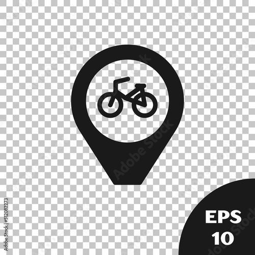 Black Map pointer with bicycle icon isolated on transparent background. Vector