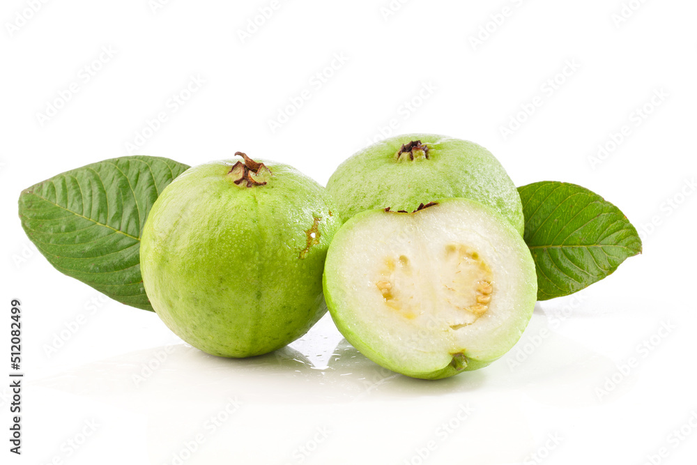 guava fruits with sliced and leaf isolated on white background. guava fruits with sliced and leaf isolated on white background.