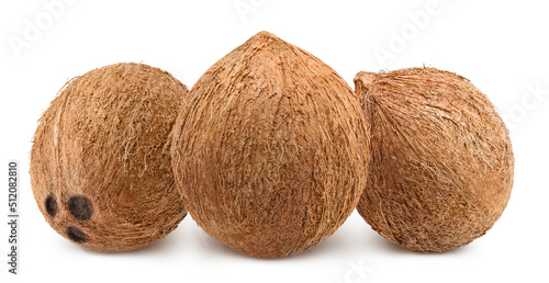 Three delicious coconuts, isolated on white background