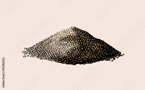 Piles of Chia seeds. Salvia hispanica. Spice or Condiment or flavoring or granule or grain. Engraved hand drawn in old sketch and vintage style.