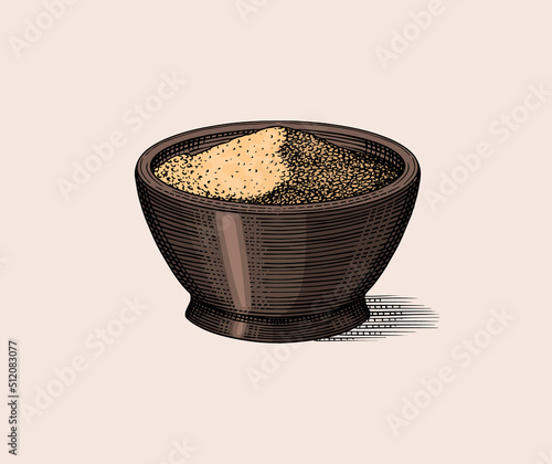 Chia seeds in a bowl. Salvia hispanica. Spice in a saucer. Condiment or flavoring or granule or grain. Engraved hand drawn in old sketch and vintage style.