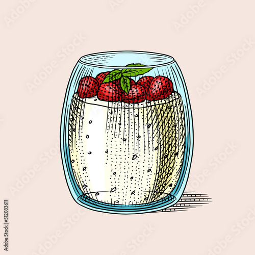 Chia and strawberry pudding in a glass. Sweet dessert in vintage style. Engraved hand drawn in old sketch.