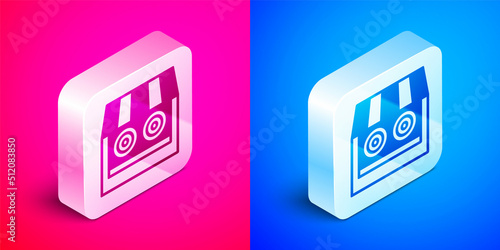 Isometric Shooting gallery icon isolated on pink and blue background. Shooting range. Silver square button. Vector