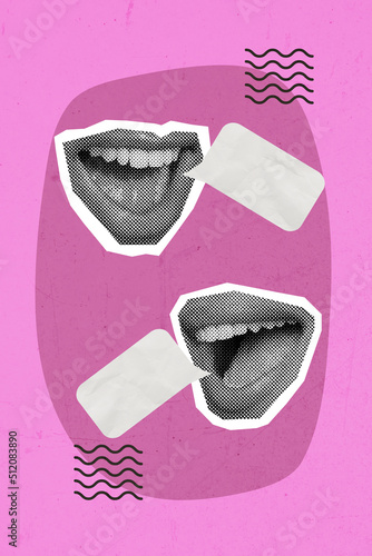 Funky poster collage of two mouth share novelty concept of shopping announcements isolated bright pink color background photo