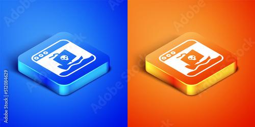 Isometric Internet piracy icon isolated on blue and orange background. Online piracy. Cyberspace crime with file download and movies sharing. Square button. Vector
