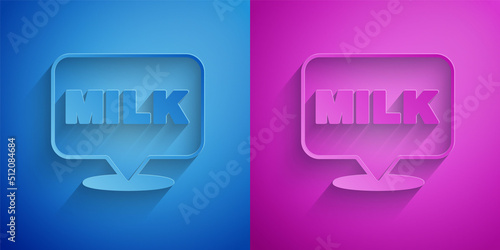 Paper cut Lettering milk icon isolated on blue and purple background. Hand written design for label, brand, badge. Paper art style. Vector