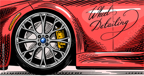 Auto detailing. Dry cleaning motor. Wheel closeup. Vehicle service or Automobile center. Hand drawn sketch line. 