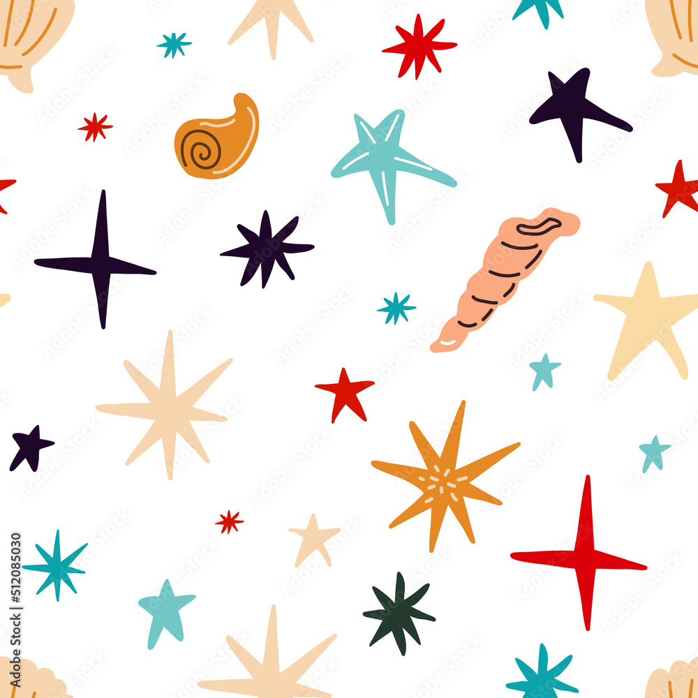 Obraz premium Sea seamless pattern with shells, corals, starfish on a white background. Vector illustration