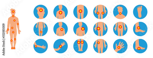 Man silhouette with red dots in different body parts. Pain in different parts of the body
