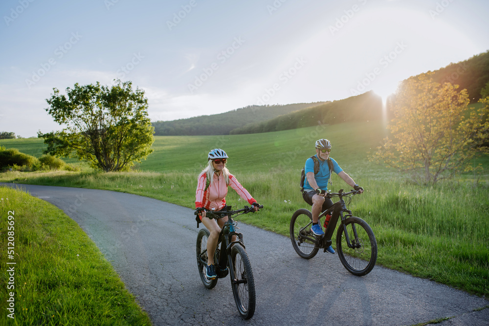 Active senior couple riding electric bicycles on road at summer park, healthy lifestyle concept. Active senior couple riding electric bicycles on road at summer park, healthy lifestyle concept.