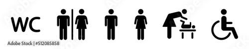 WC sign. Toilet icons vector on white background. Black pictogram with restroom and bathroom. Toilet for male, female, invalid. Vector silhouette set.