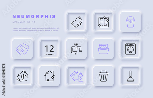 Spring cleaning set icon. Sponge, rag, window, detergent, paint bucket, faucet, washing machine, dishwasher, bucket. Cleaning concept. Neomorphism style. Vector line icon for Business and Advertising