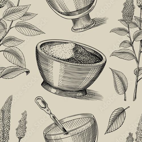 Chia plant and seeds card. Salvia hispanica. Poster or banner. Spice packaging, wooden spoon. Seamless pattern. Engraved hand drawn in old sketch and vintage background. 