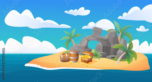 Island in harbor with pirate treasures and palm trees on beach vector illustration. Cartoon sea landscape with water under blue sky and clouds, Caribbean buccaneers chest full of gold coins background