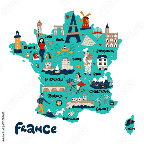 Map of France with its architecture, culture, and french people.