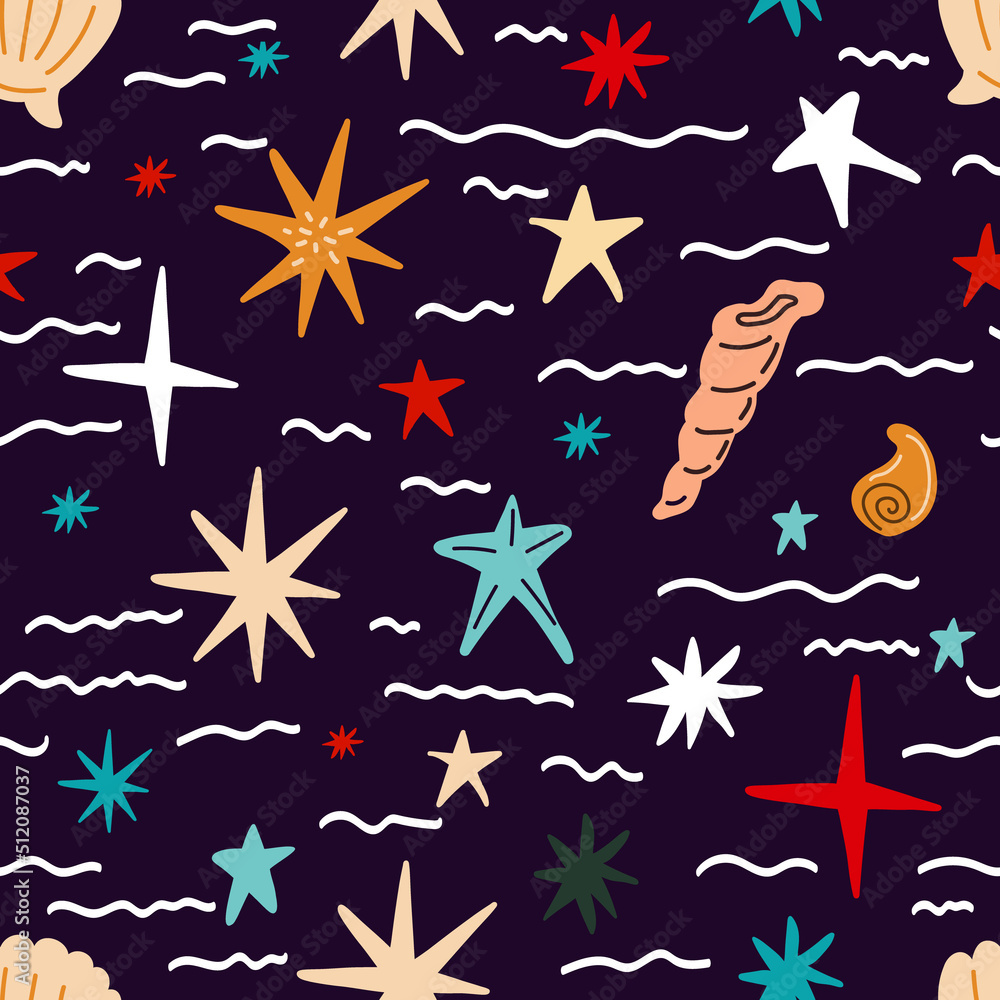 seamless pattern with shells, corals, starfish on a dark blue background. Vector illustration seamless pattern with shells, corals, starfish on a dark blue background. Vector illustration
