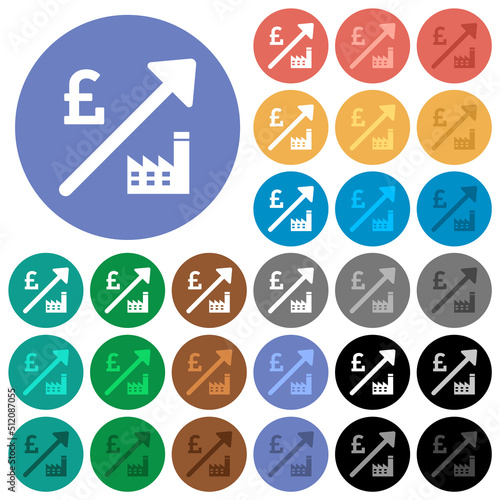 Rising power plant english Pound prices round flat multi colored icons